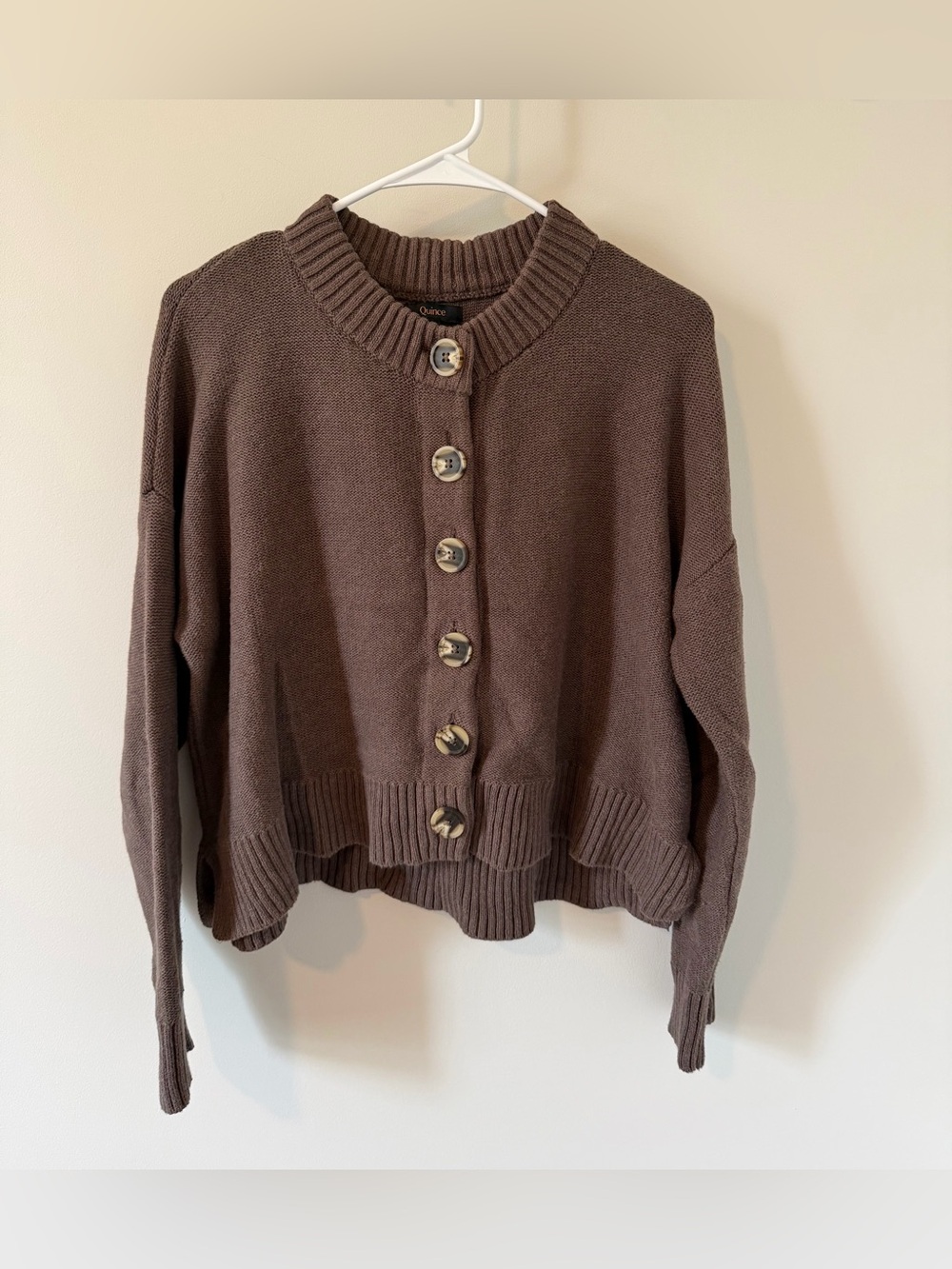 Quince Organic Cotton Cropped Cardigan Heather Brown Size Medium